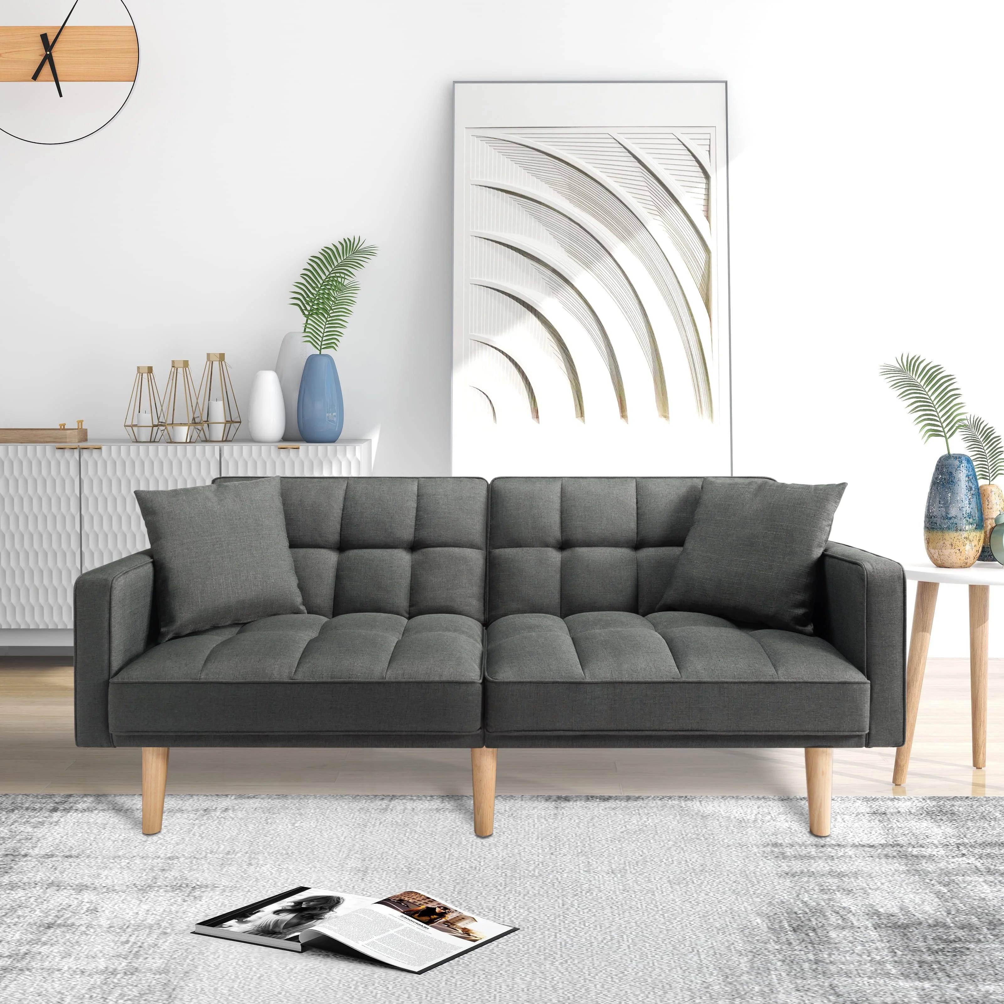 Futon Sofa Bed with Split Back and Wood Legs F4124