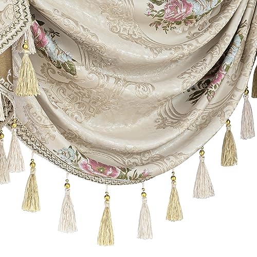 Luxury Jacquard Waterfall Valance with Tassels, Floral Damask Swag Curtains, Pearly Beige, 79 Inch, 1 Panel G1502