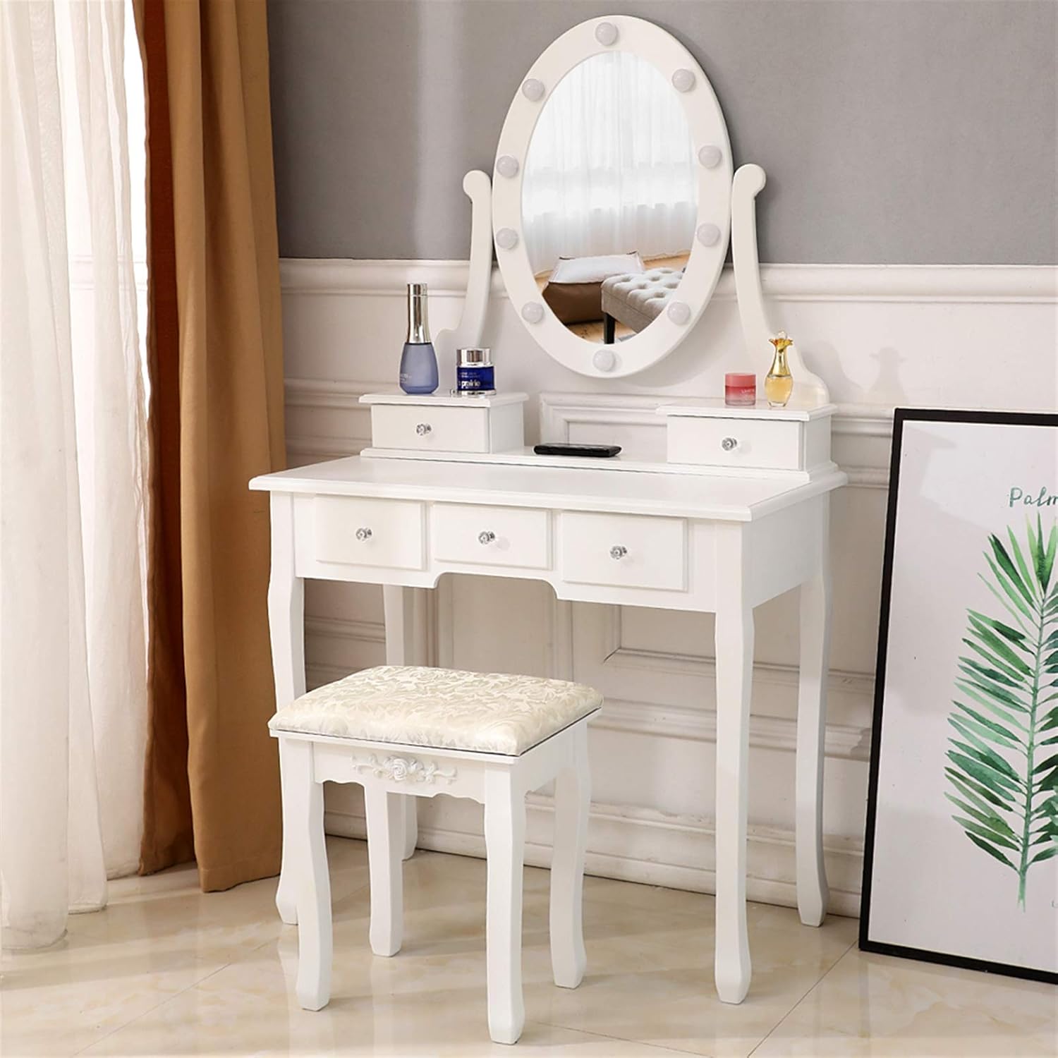 Lighted Makeup Vanity Set with Rotating Mirror and Stool X957