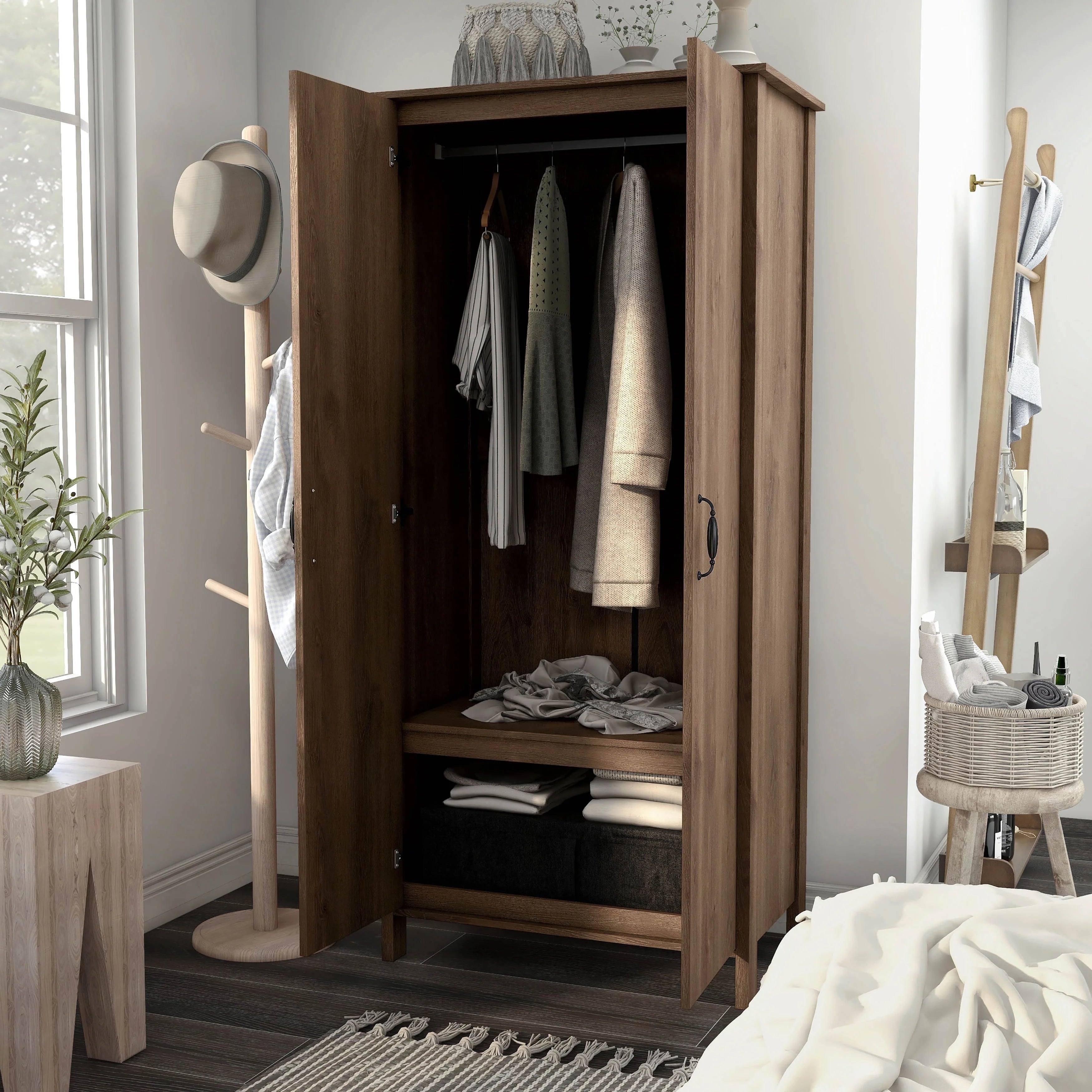 Rustic Distressed Walnut Double-door Wardrobe Closet with Shelves B925