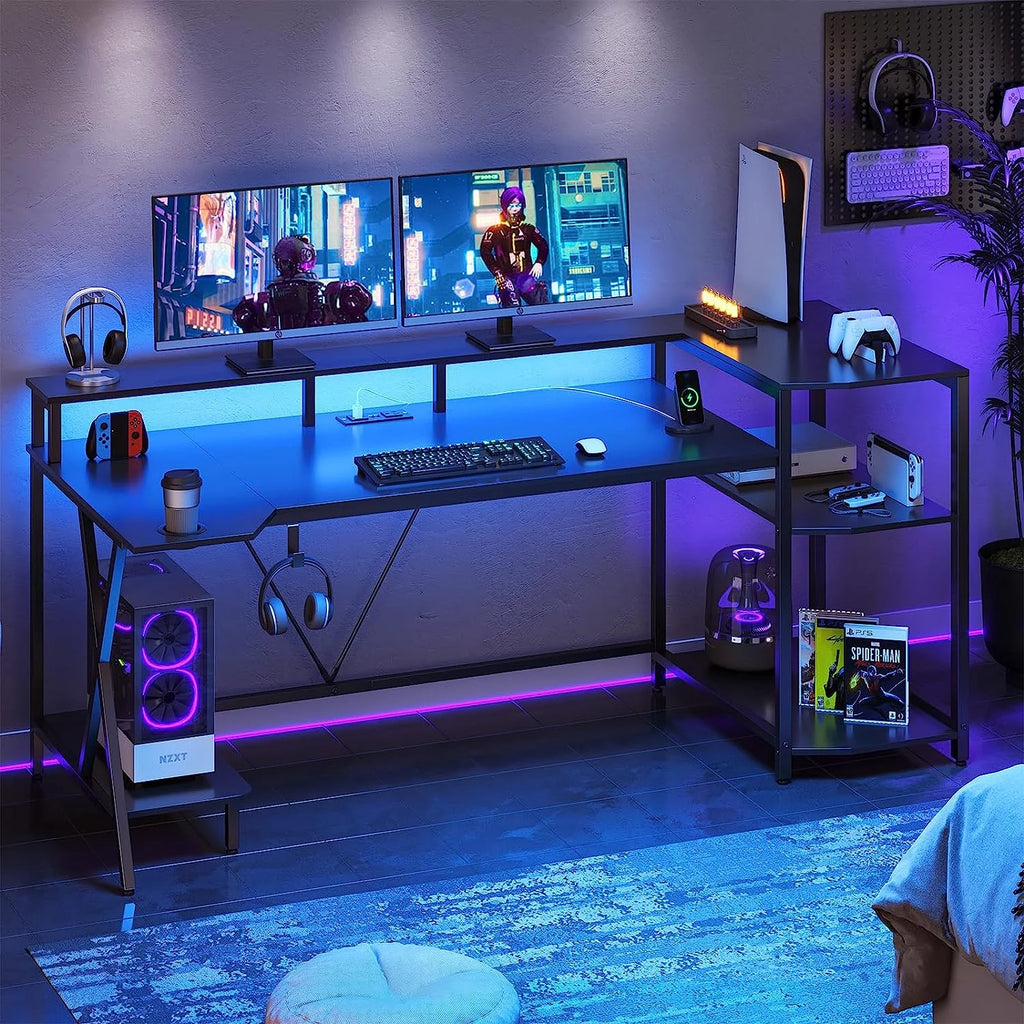 70.8'' Computer Desk with LED Lights and Storage Shelves, Gaming Desk with Monitor Stand, Power Outlets and Cup Holder, Large PC Gamer Desk Gaming Table for Bedroom, Living Room, Black
