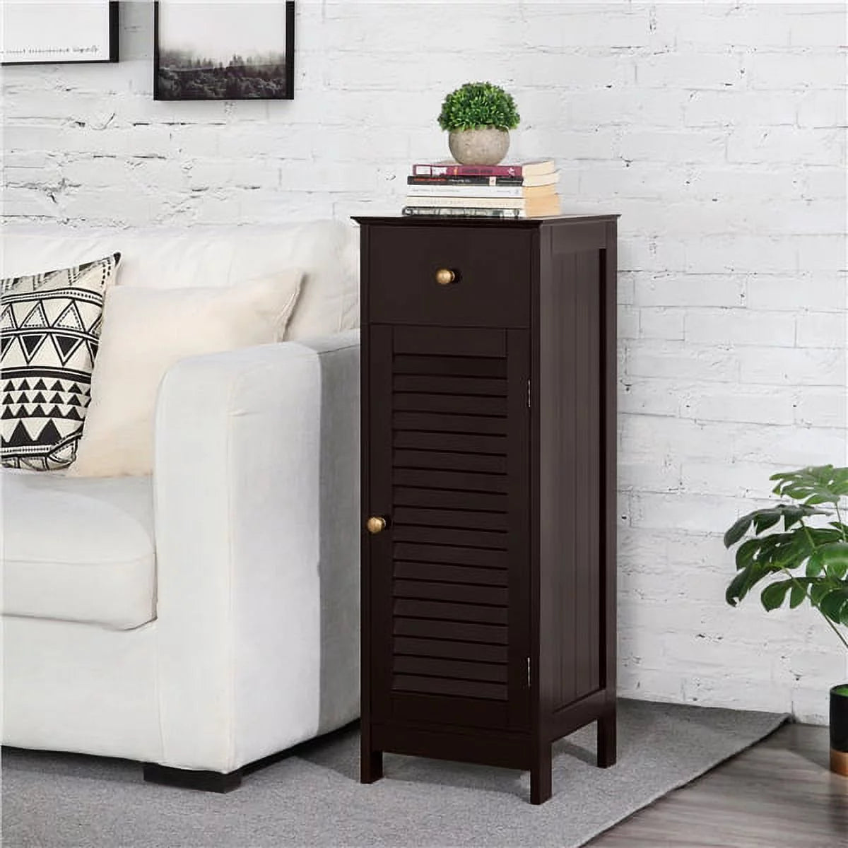 Wooden Bathroom Floor Storage Cabinet with Drawer and Single Shutter Door J455346