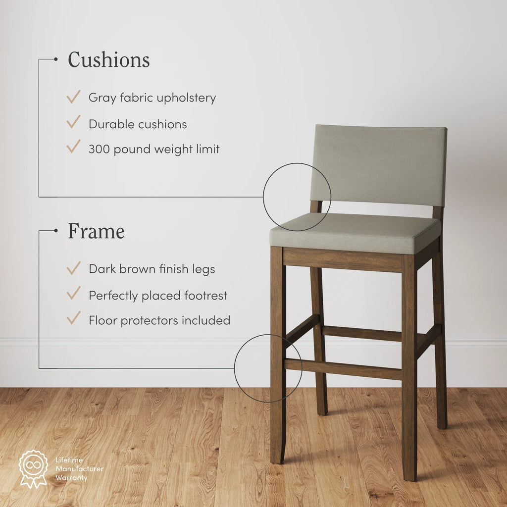 Modern Upholstered Bar Stool with Back and Solid Wood Legs Q706695