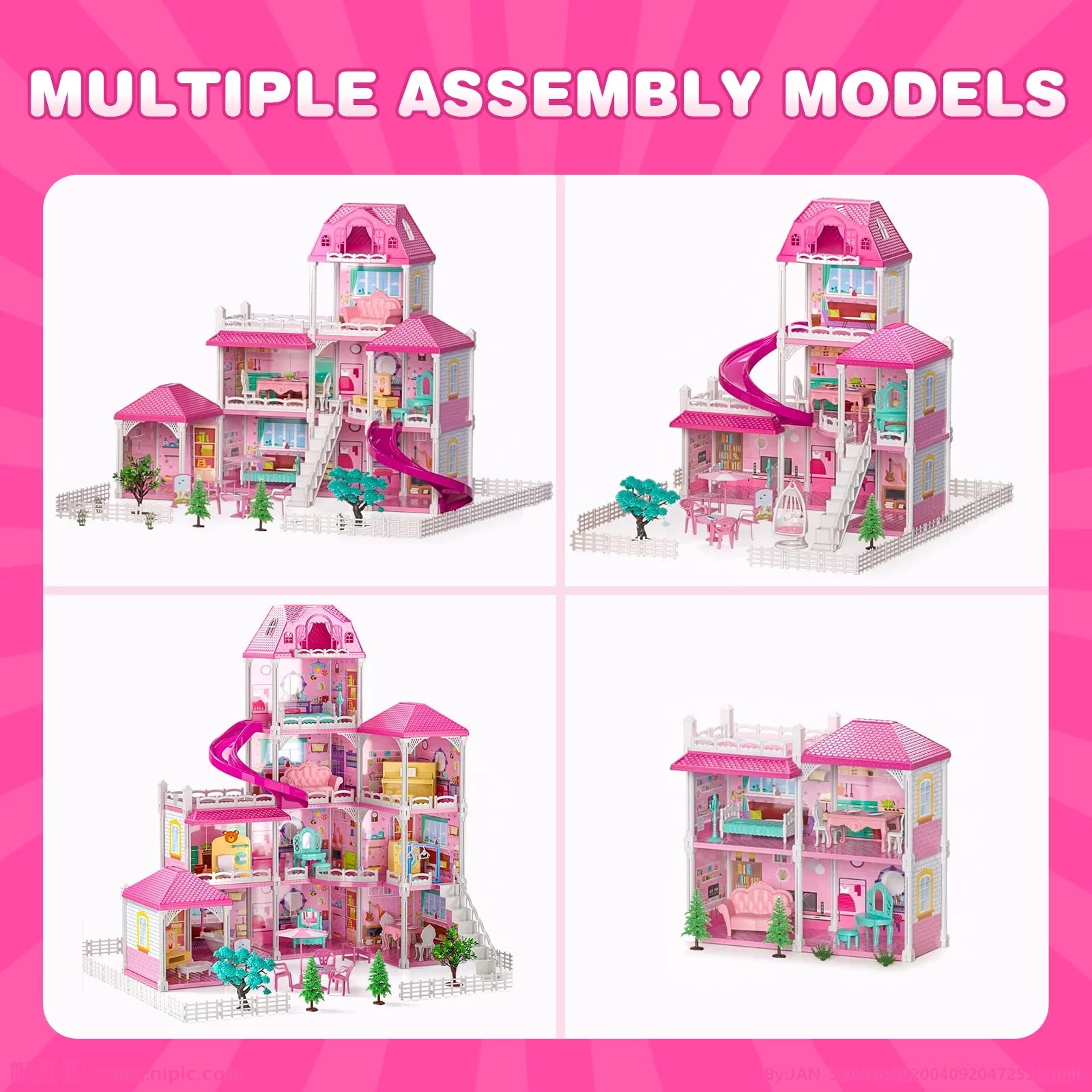 Dollhouse for Girls, 4 Stories 12 Rooms with 2 Princesses and Slide Accessories V867463
