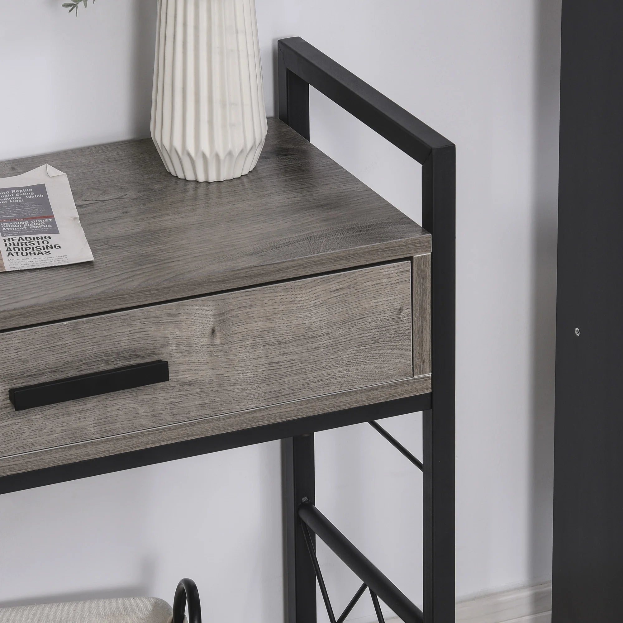 Industrial End Table with Drawer and Bottom Shelf, Mobile Side Table, Grey J804