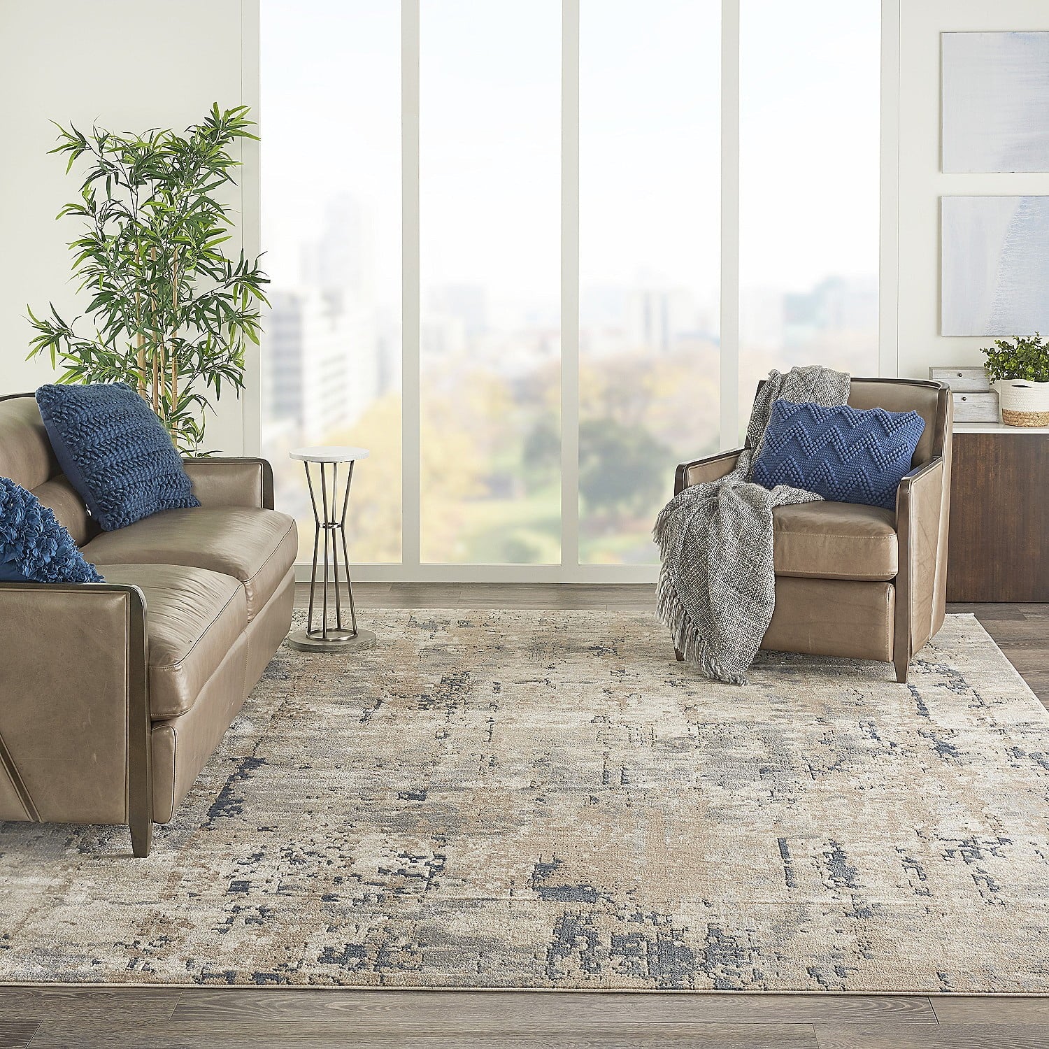 Abstract Distressed Beige/Grey Area Rug 10' x 14' O5213