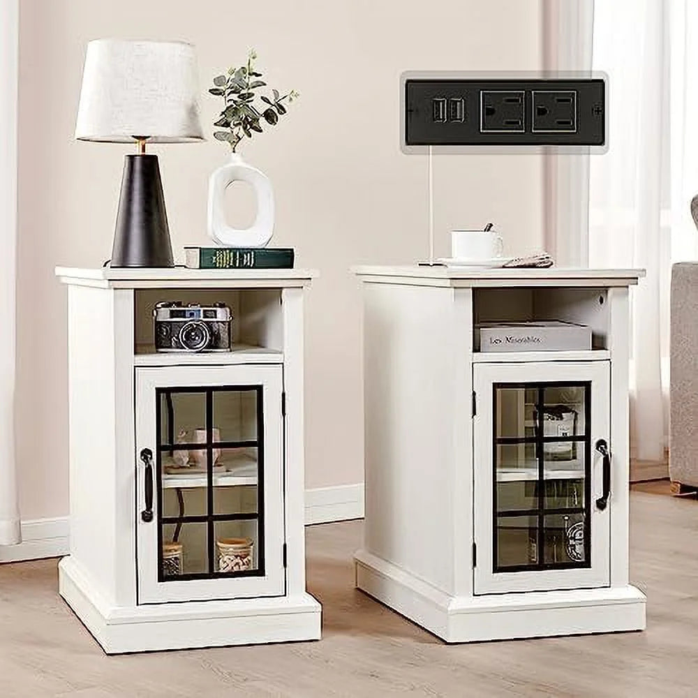 Set of 2 End Tables with Charging Station and Glass Door Z36679