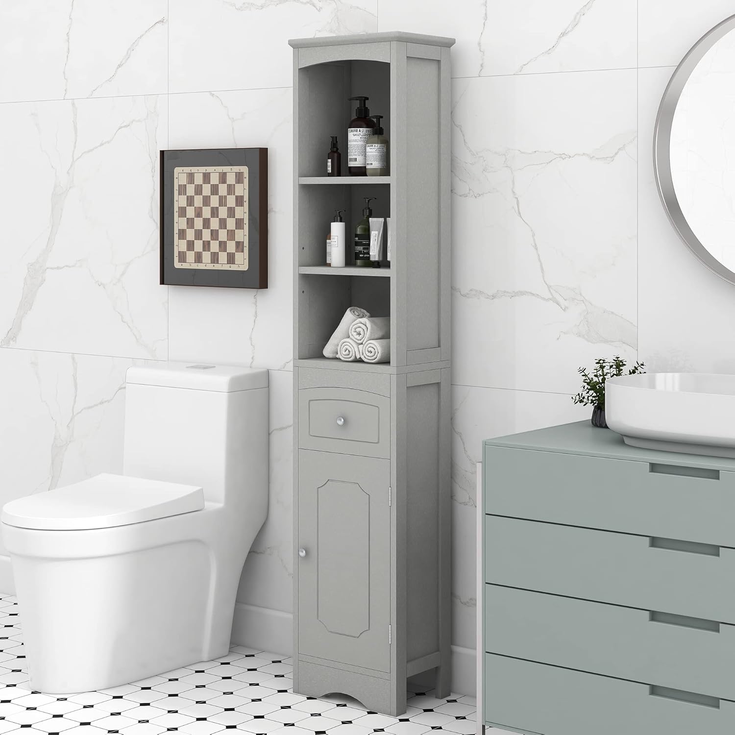 Narrow Freestanding Bathroom Storage Cabinet with 3-Tier Shelf and Drawer O805