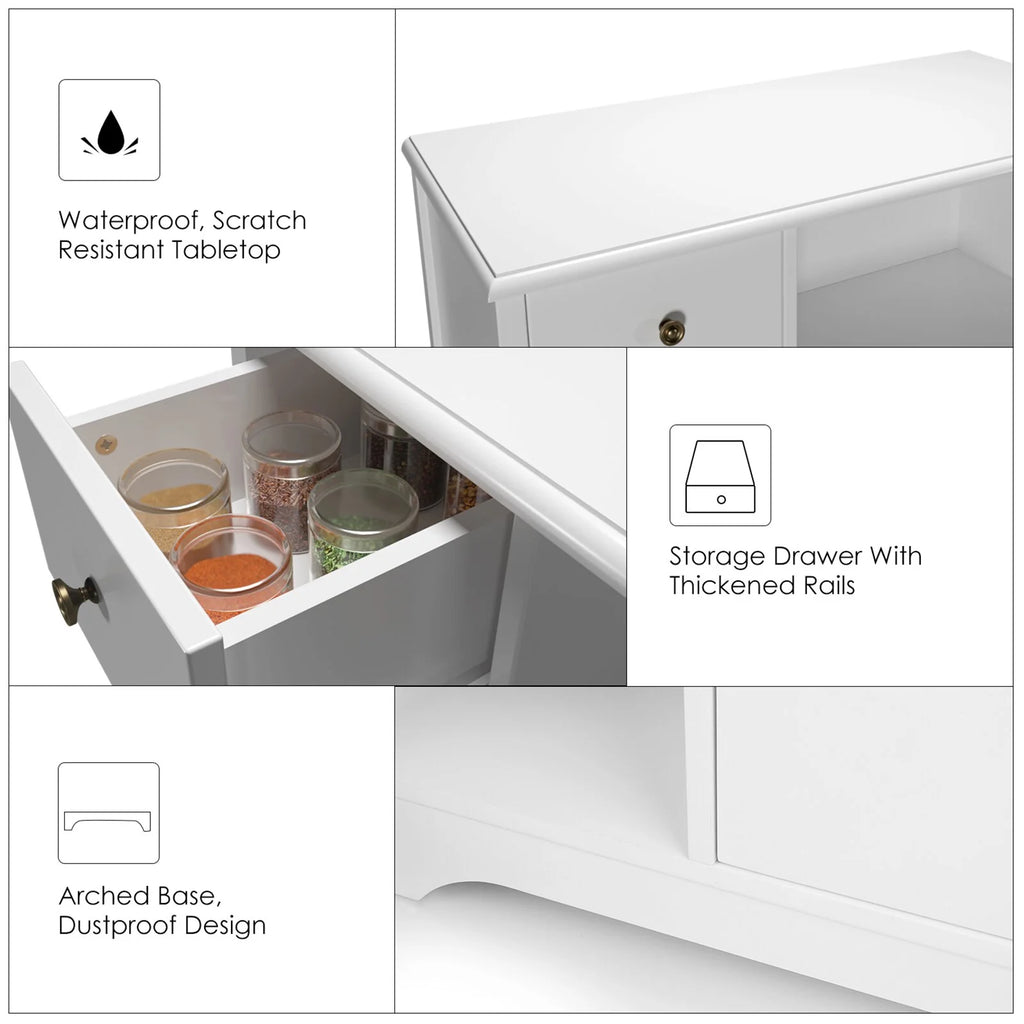 Microwave Cabinet with Hutch, Kitchen Pantry Sideboard with Adjustable Shelves and Drawer, White O10197