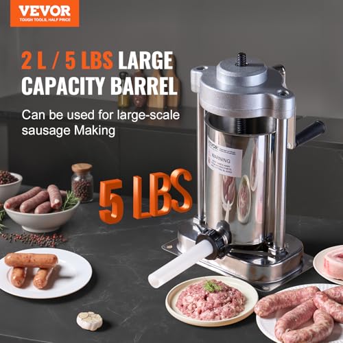 Manual Sausage Stuffer, 7L Vertical Meat Stuffer, Dual-Speed, Stainless Steel, 5 Tubes A13377