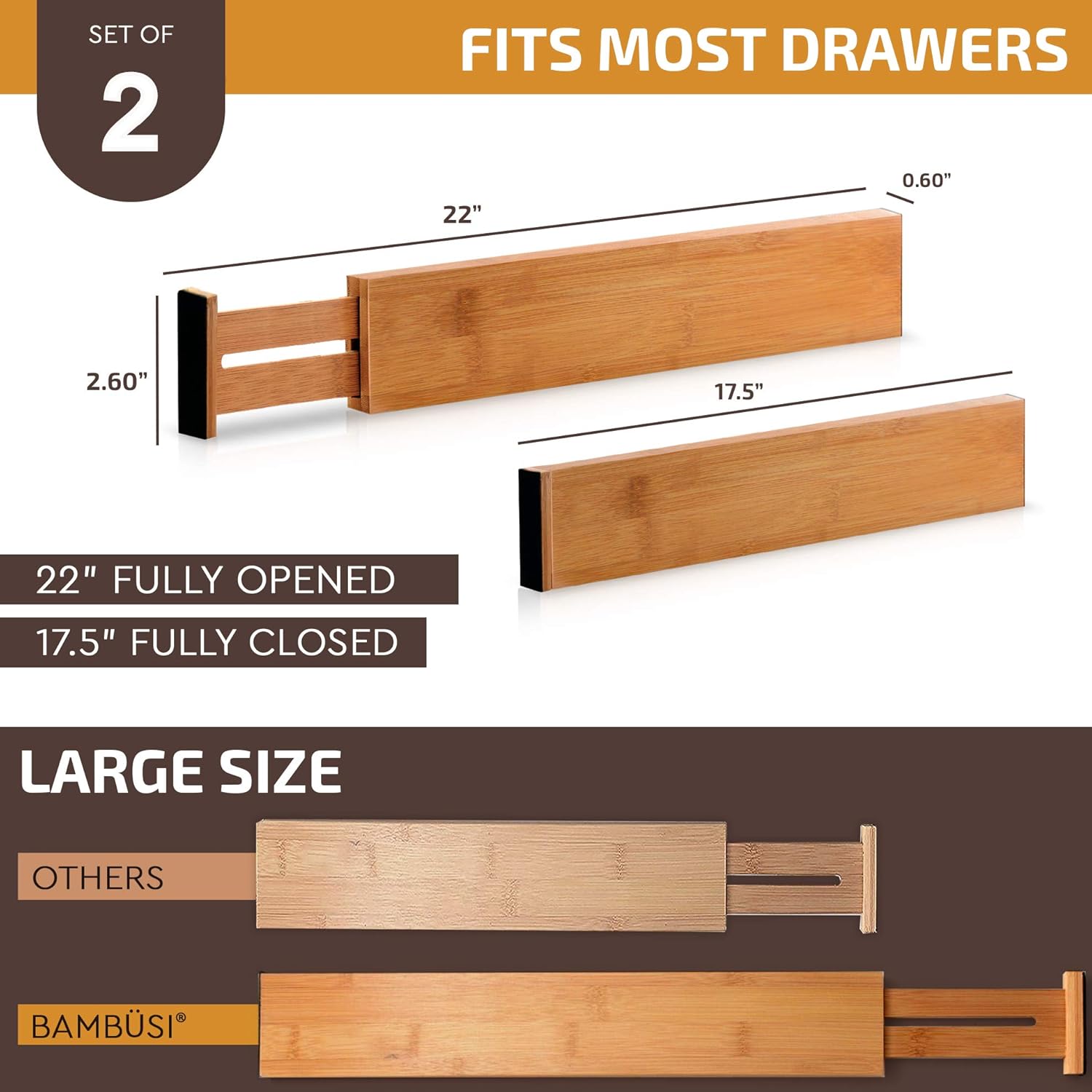 Adjustable Bamboo Drawer Divider Organizers for Large Drawers, Expandable 2-Pack E21431