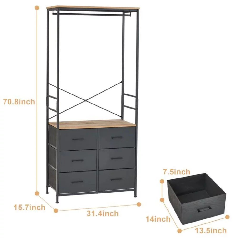Freestanding Clothing Rack with Hanging Rod and 6 Drawer Wardrobe Cabinet I93824
