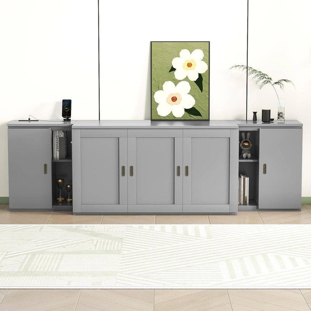 Queen Size Murphy Bed with Shelves, Cabinets and USB Ports, Can Change Into Cabinet, Save Space Design, for Bedroom, Apartments (Gray/Queen Size Murphy Bed-00B)