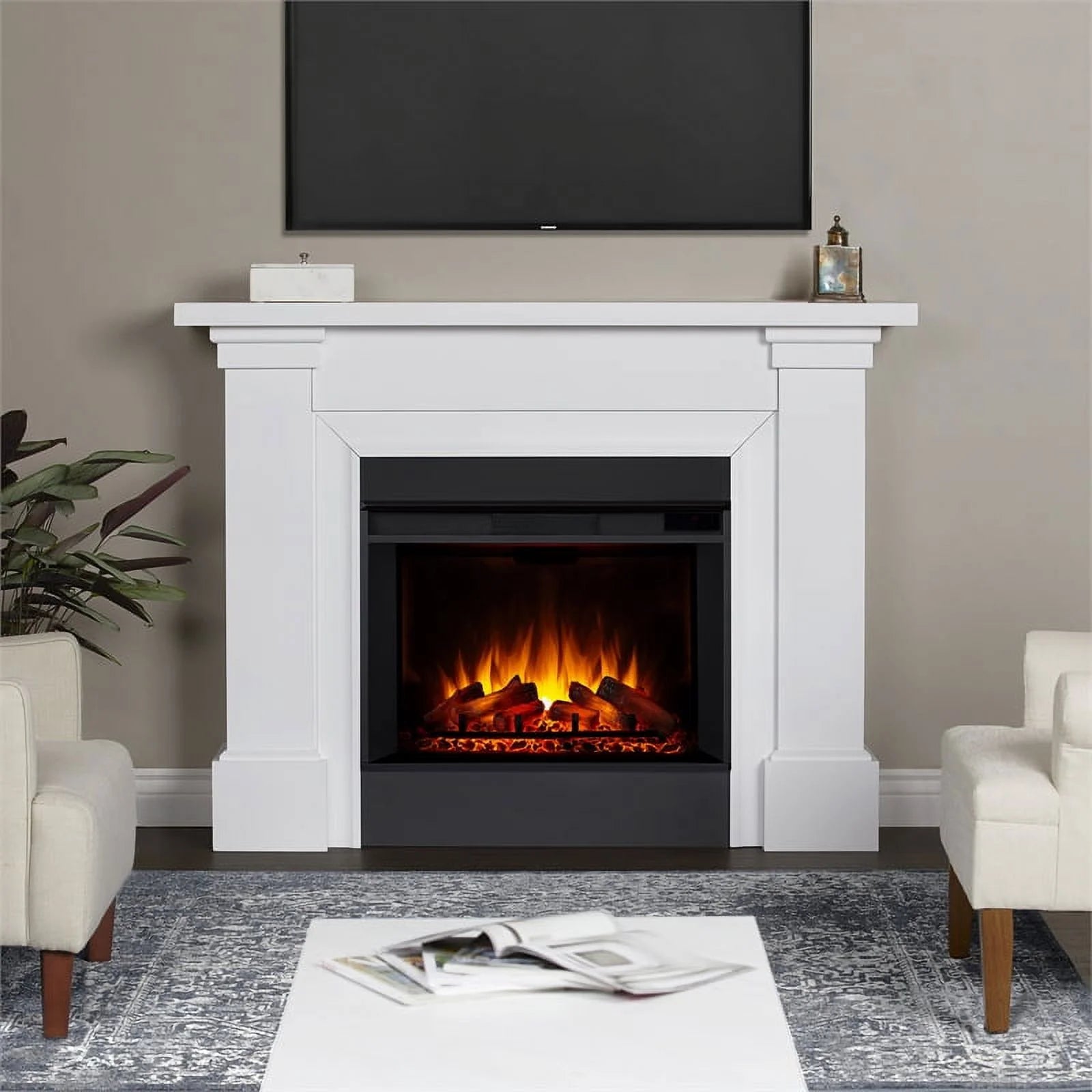 Modern Wood Grand Electric Fireplace in White P17323