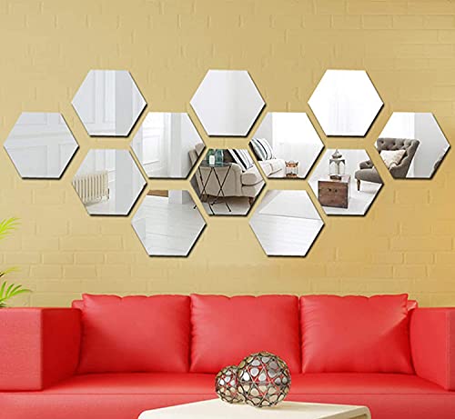 Silver Acrylic Hexagon Mirror Wall Stickers, 12 Pcs Z69168
