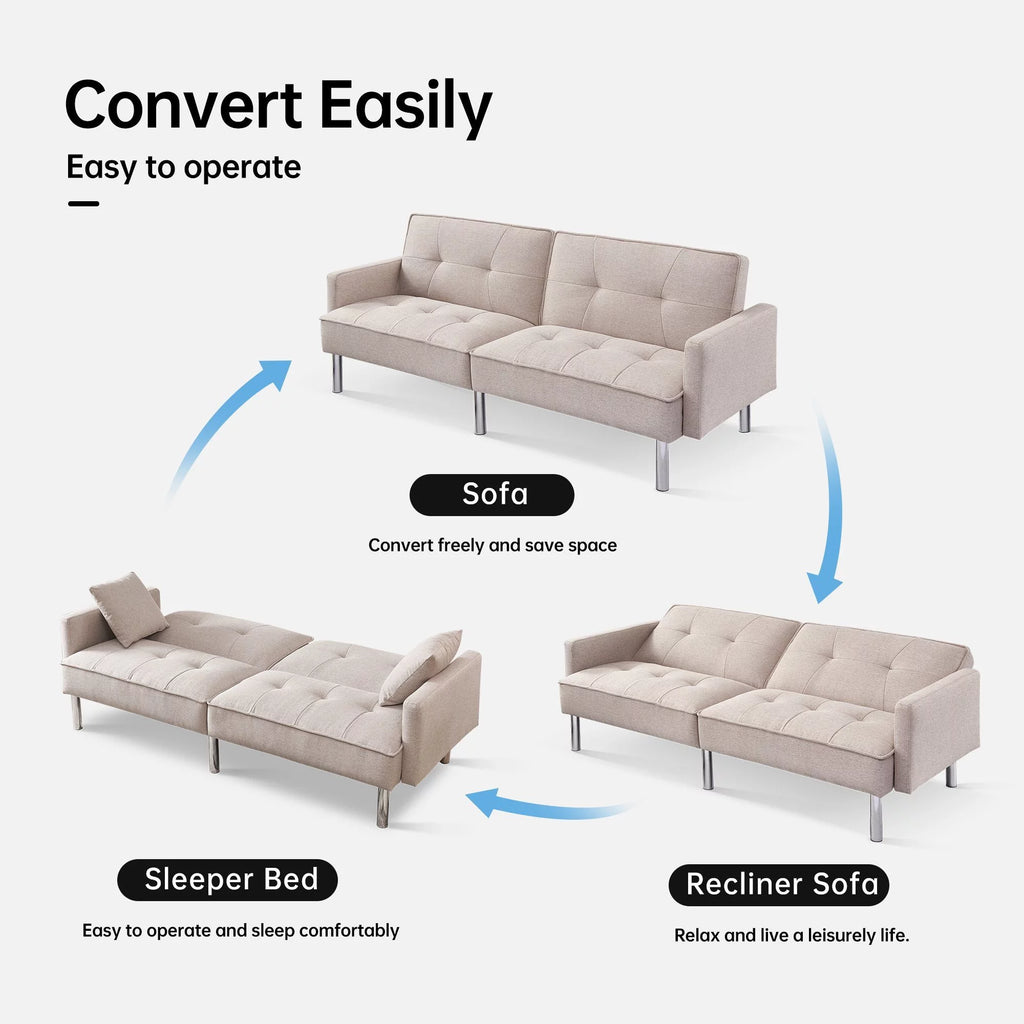 Extra Long Tufted Beige Fabric Futon Adjustable Sofa Bed J212