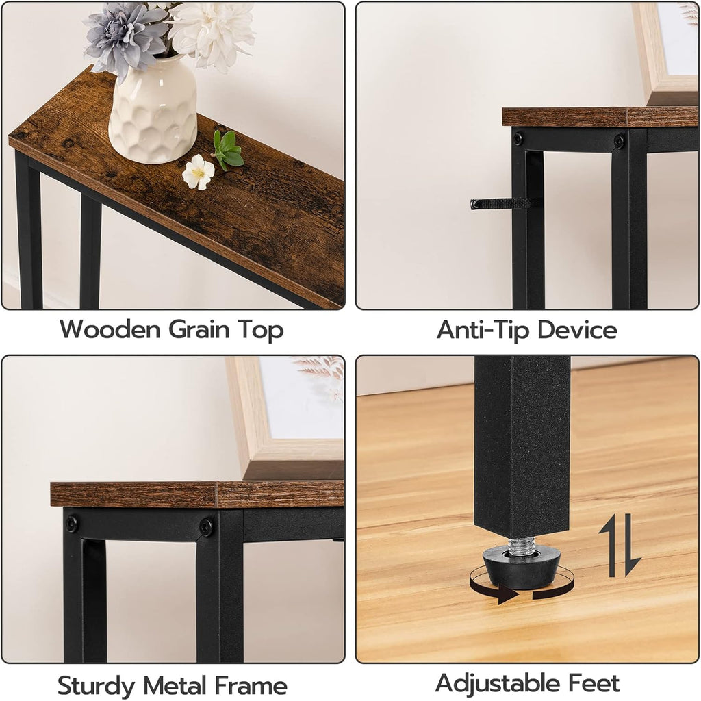 Narrow Console Table with 2 Fabric Drawers and Charging Station, Rustic Brown and Black O9157