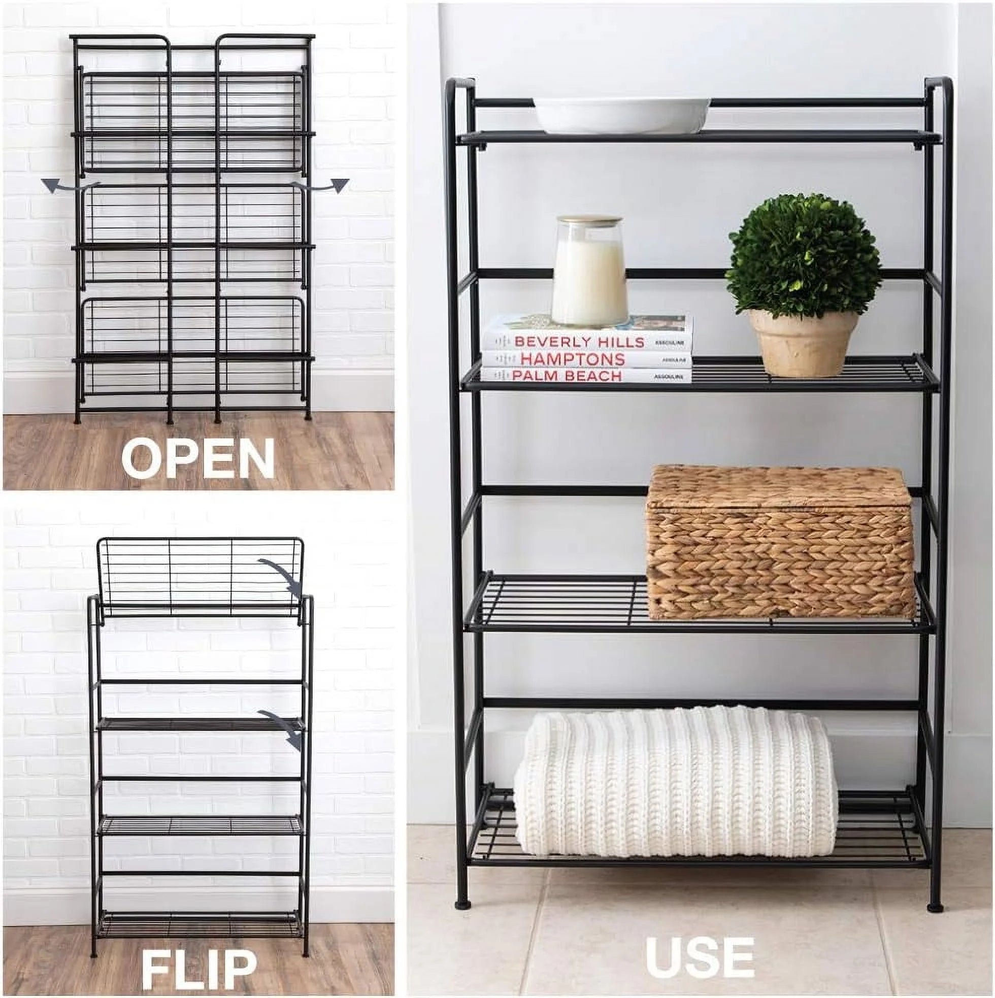 Folding Metal Bookcase, 4 Shelves, Black D3380