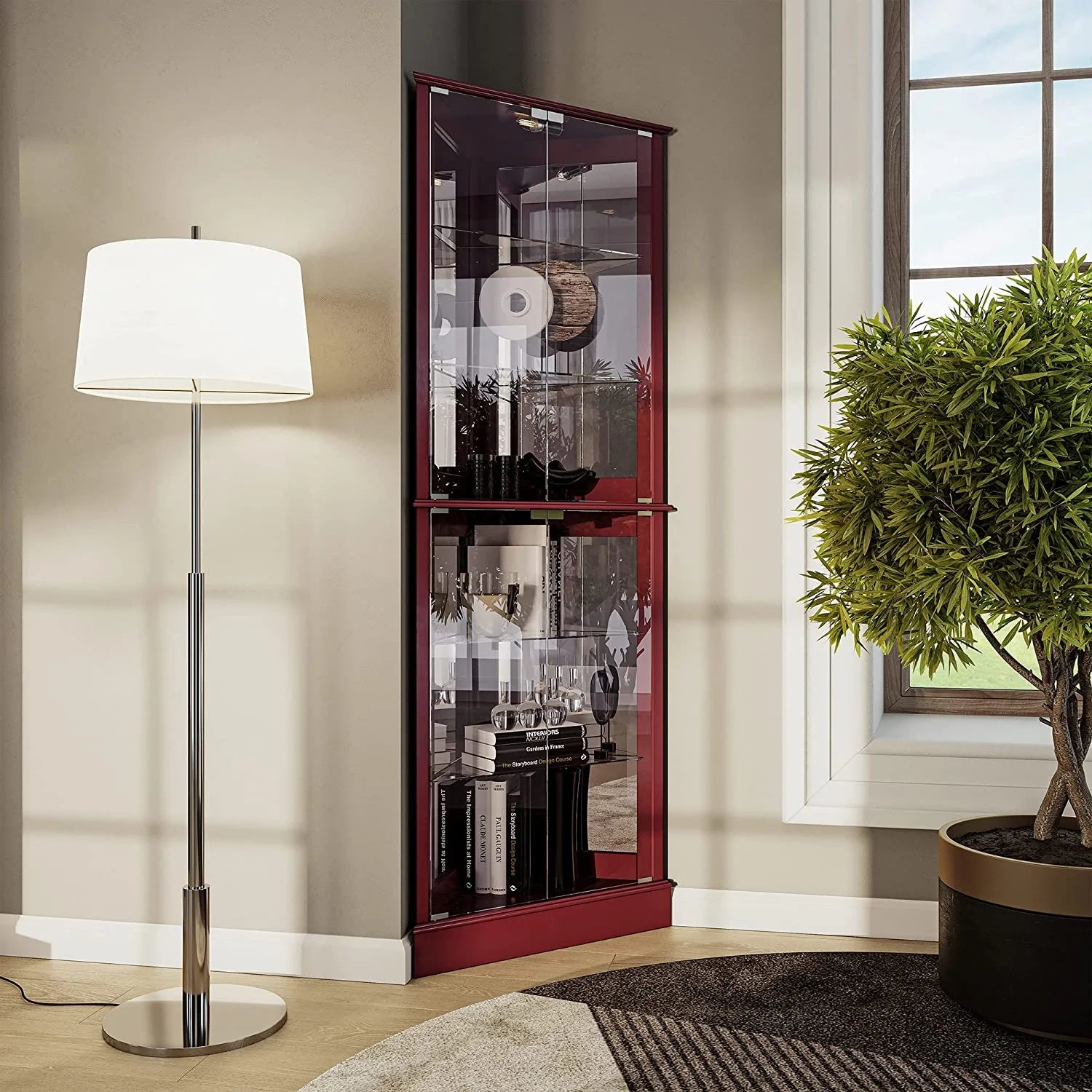 Lighted Corner Display Curio Cabinet Wooden Shelving Unit with Tempered Glass Door, Bar and Liquor Storage Area with 6 Shelves - Woody (Cherry)