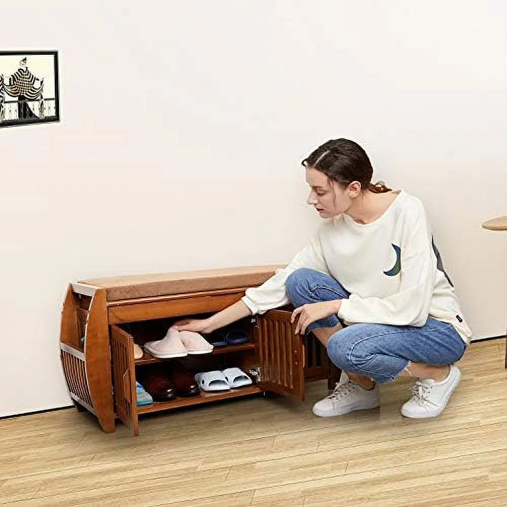 Bamboo Shoe Bench with Detachable Cushion and Hidden Compartment W371