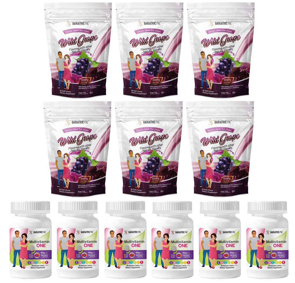 Gastric Sleeve Complete Vitamin Pack - Chewables Size: 6-Month Supply, BariatricPal Multivitamin ONE: Mixed Berry Chewable with 45mg Iron, BariatricPal Calcium Citrate Soft Chews: Wild Grape