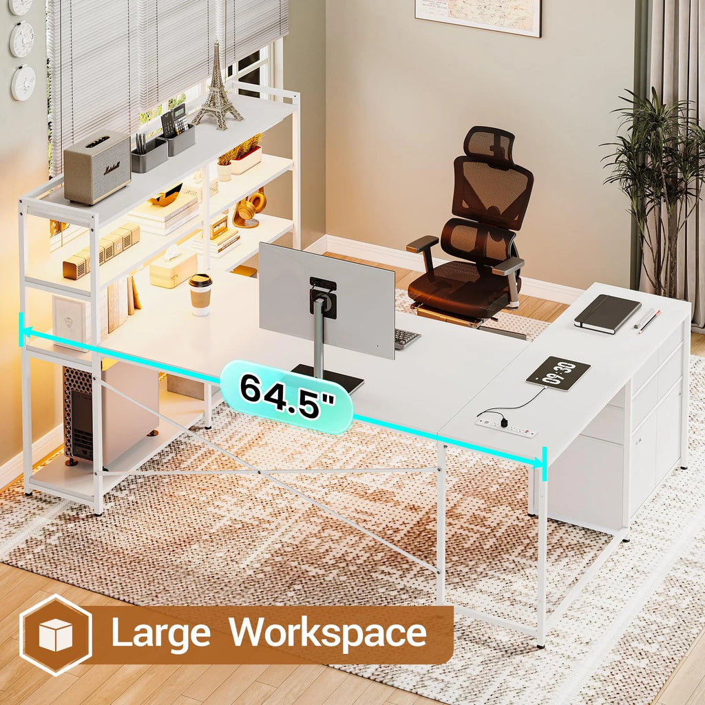 L Shaped Computer Desk with Power Outlet and Storage Shelves C754138