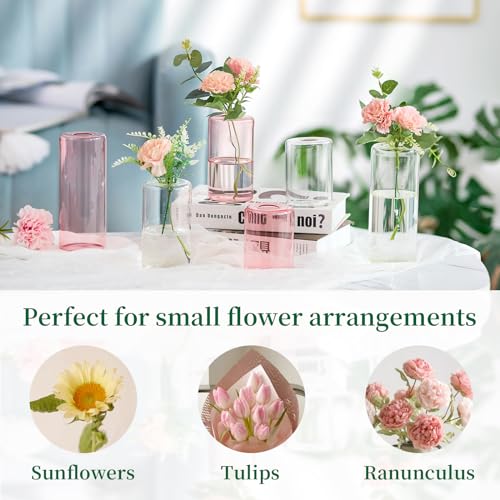 Small Glass Bud Vases for Centerpieces, 12pcs Pink Blown Single Flower Vases, Modern Mini Cylinder Vase Set L676965