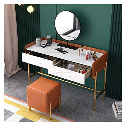 Dressing Vanity Table with Stool, 2 Drawers, Round Mirror and Cushioned Stool X408315