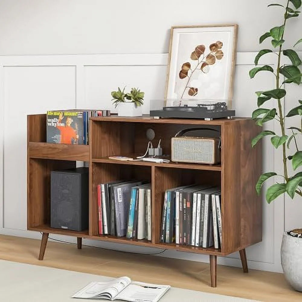 Mid-Century Record Player Stand with Vinyl Cabinet and Power Outlet C580