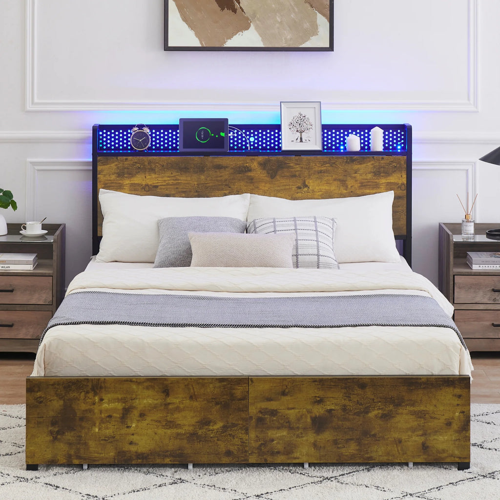 Queen Bed Frame with Storage Headboard and 6 Drawers, LED and USB Ports L895