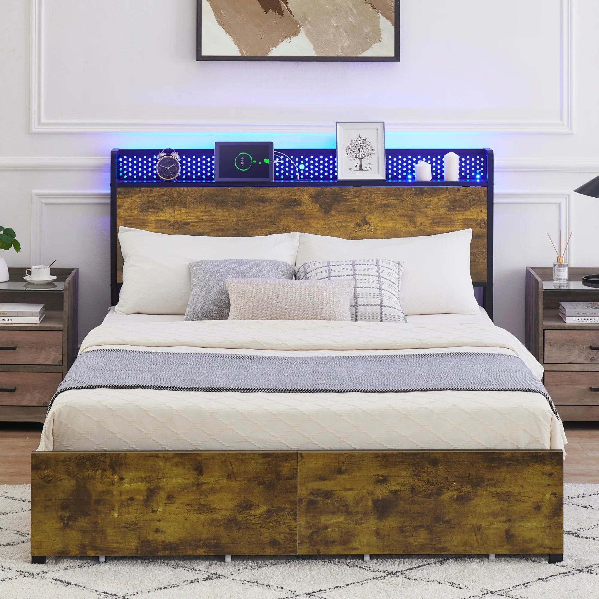 Queen Bed Frame with Storage Headboard and 6 Drawers, LED and USB Ports L895