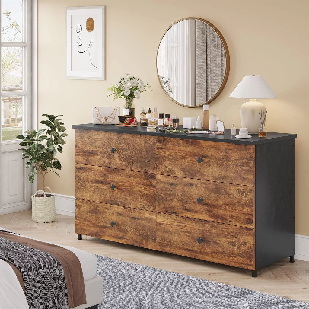 6 Drawer Double Dresser with Sturdy Steel Frame for Bedroom Z592273