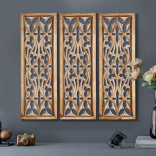 Carved Wood Wall Art Decor - Floral Design Panel, Distressed Antique Wall Sculpture for Living Room, Bedroom, and Entrance Hall A88064