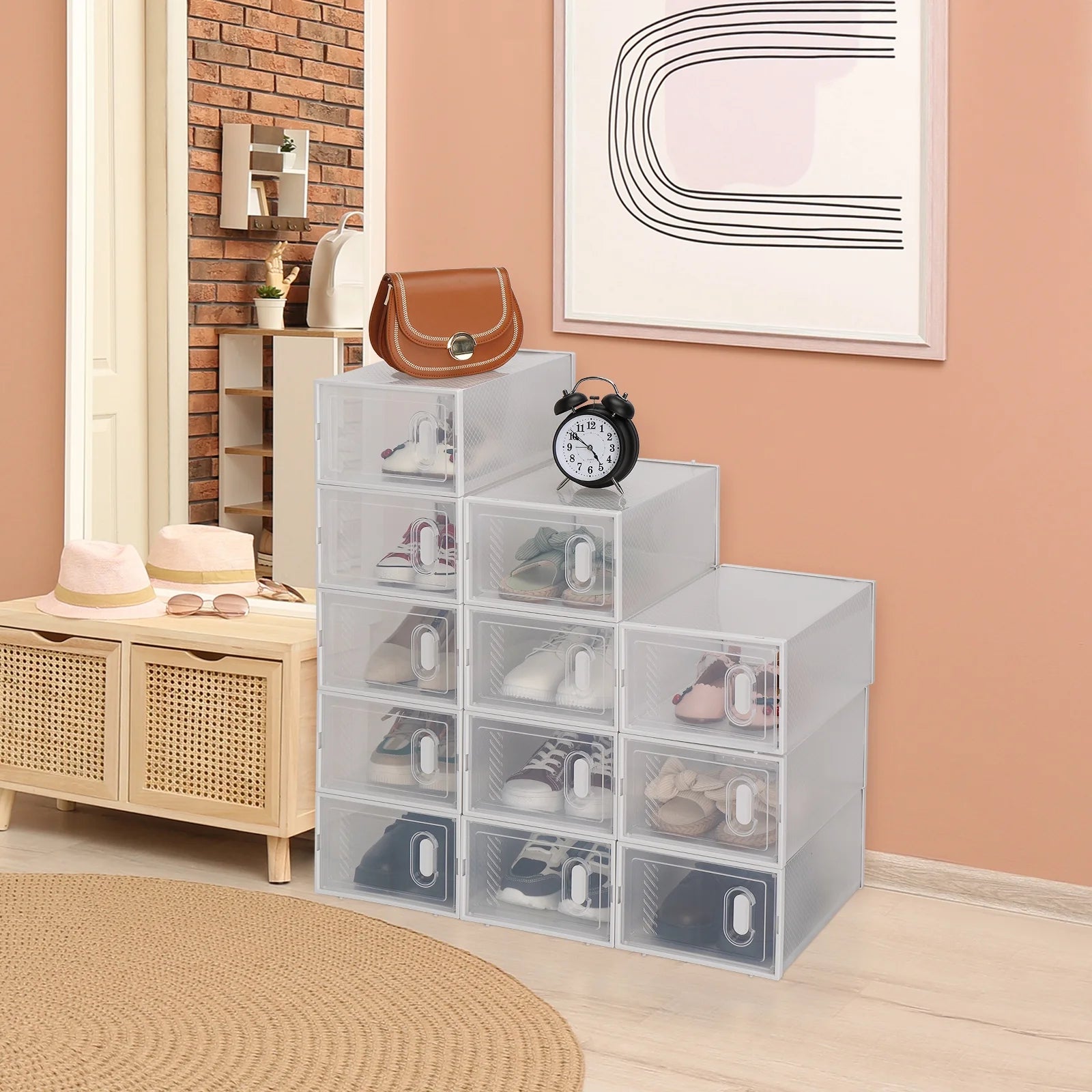 12 Pack Multipurpose Shoe Storage Boxes with Clear Lid, Foldable Stackable Organizer M249