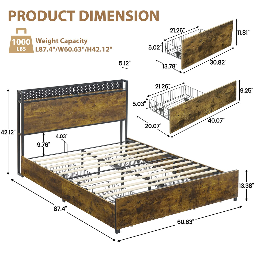 Queen Bed Frame with Storage Headboard and 6 Drawers, LED and USB Ports L895