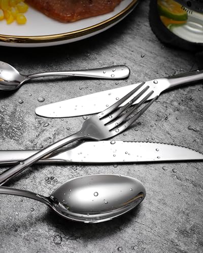 48-Piece Hammered Silverware Set with Steak Knives for 8, Stainless Steel Flatware, Dishwasher Safe W267801