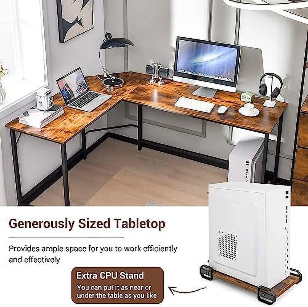 L-Shaped Desk with CPU Stand 66 Inch Wooden Corner Desk with Metal Frame S89739