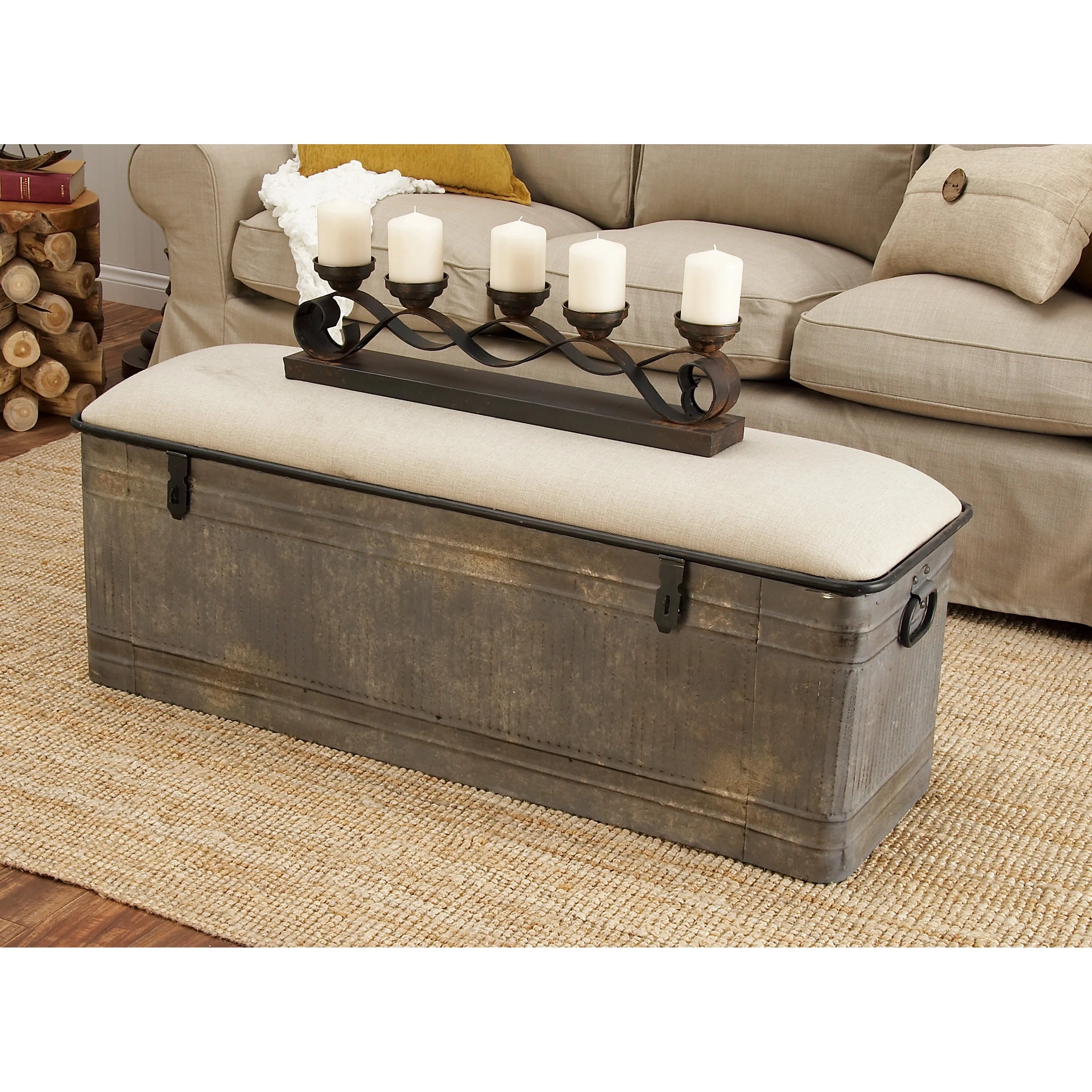 Metal Galvanized Storage Bench with Cream Burlap Top E438064