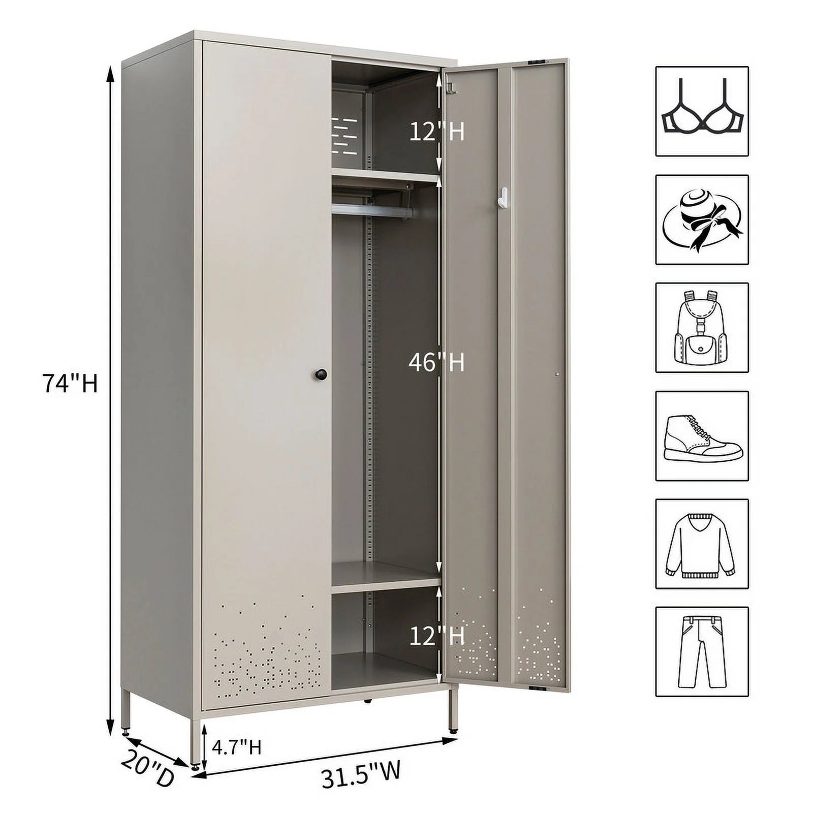 Metal Storage Wardrobe Cabinet with Adjustable Hanging Rod D52854