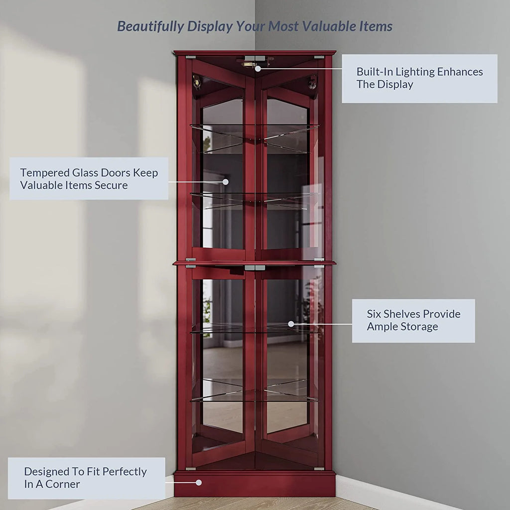 Lighted Corner Curio Cabinet with Tempered Glass Door and 6 Shelves S176