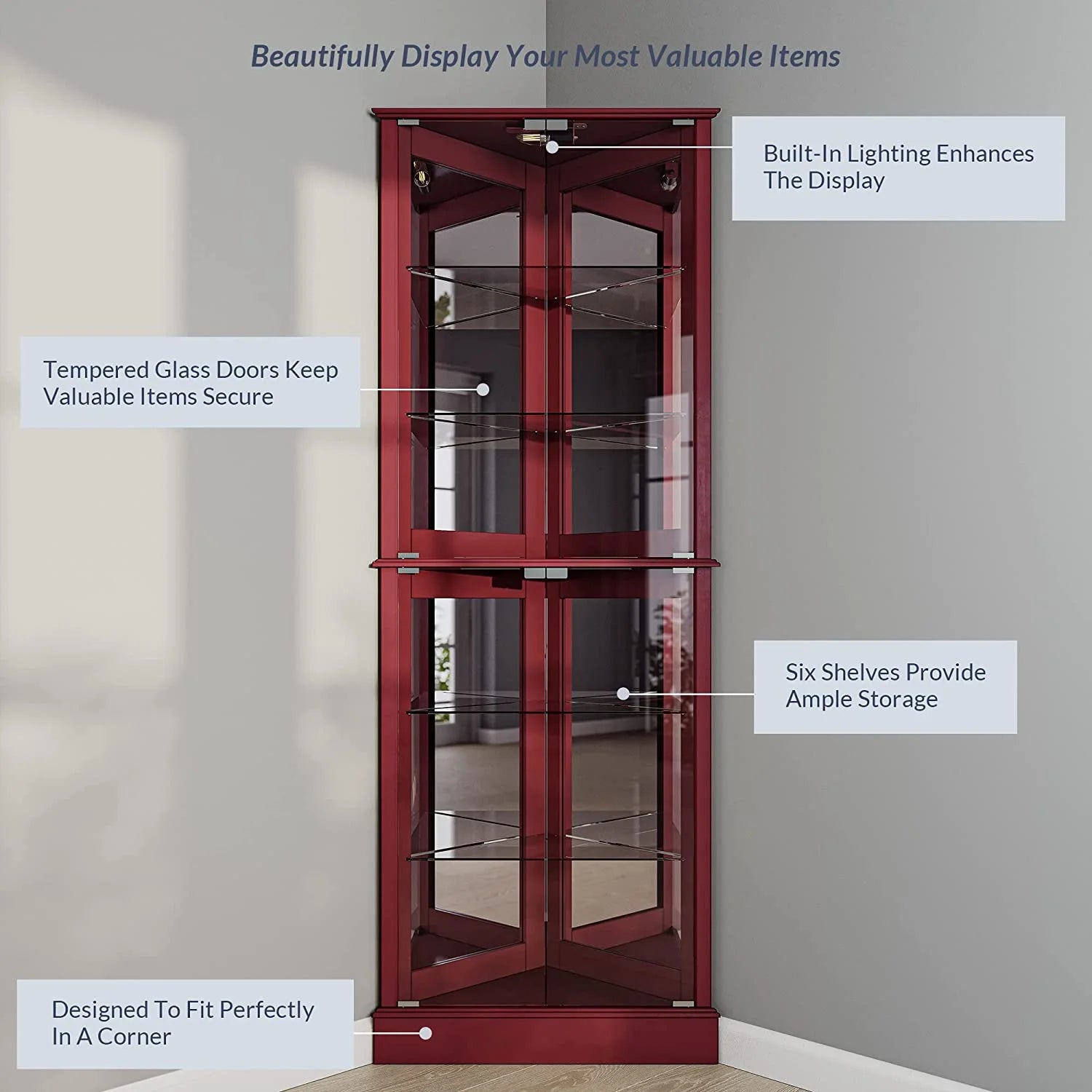 Lighted Corner Curio Cabinet with Tempered Glass Door and 6 Shelves S176