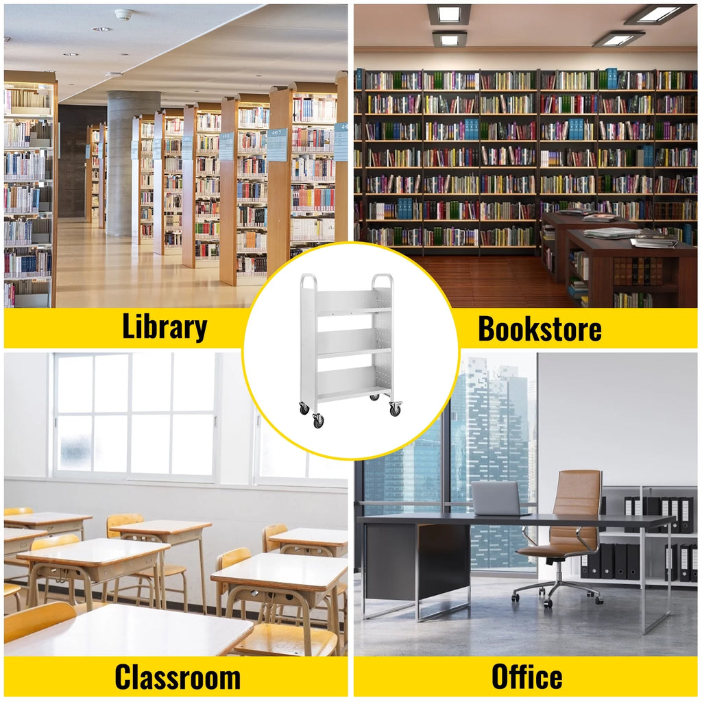 Book Cart Library Cart with V-Shaped Shelves, White M8451