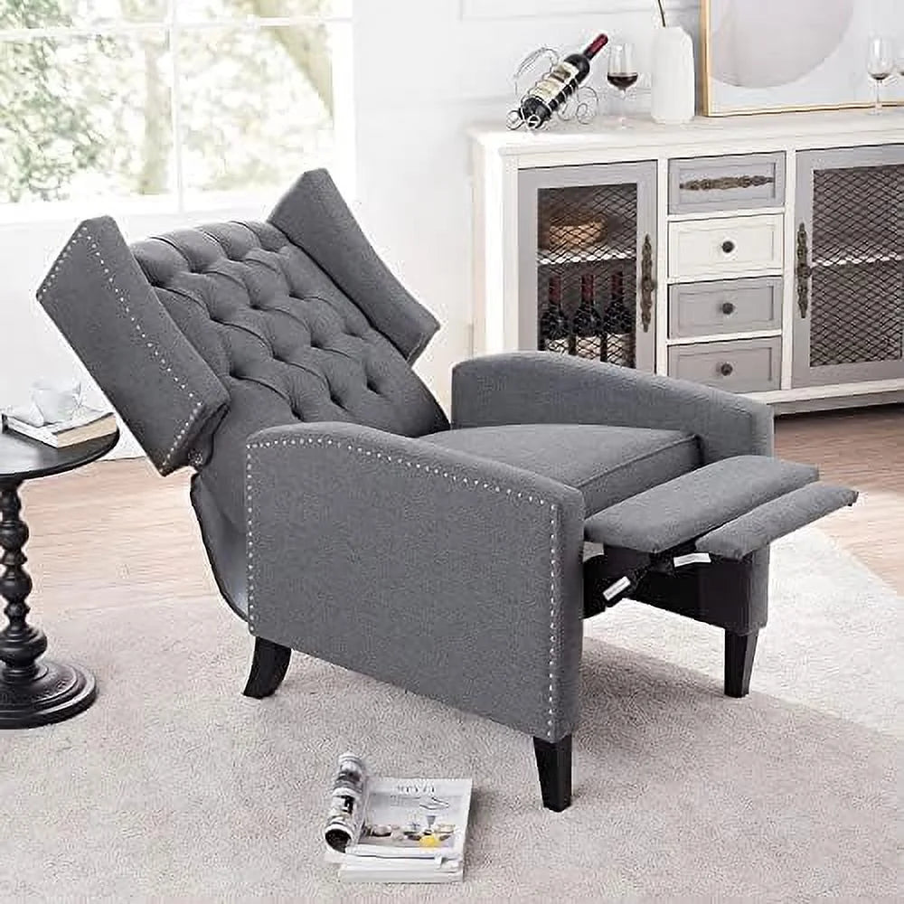 Wingback Recliner Chair Breathable Fabric Push Back for Living Room Small Spaces Manual Recliner Sofa with Nailhead Accents Wooden Legs Beige E411557