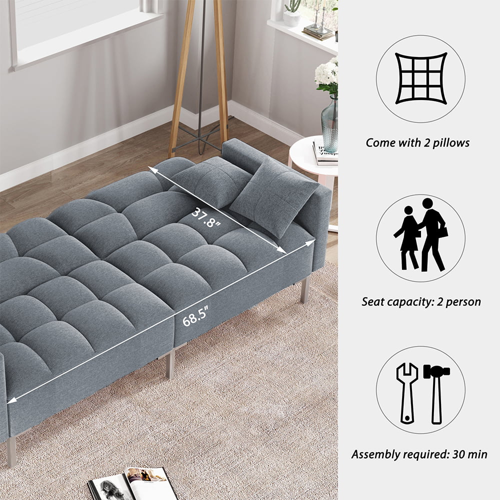 Gray Futon Sofa Bed with 2 Pillows and Metal Legs G114
