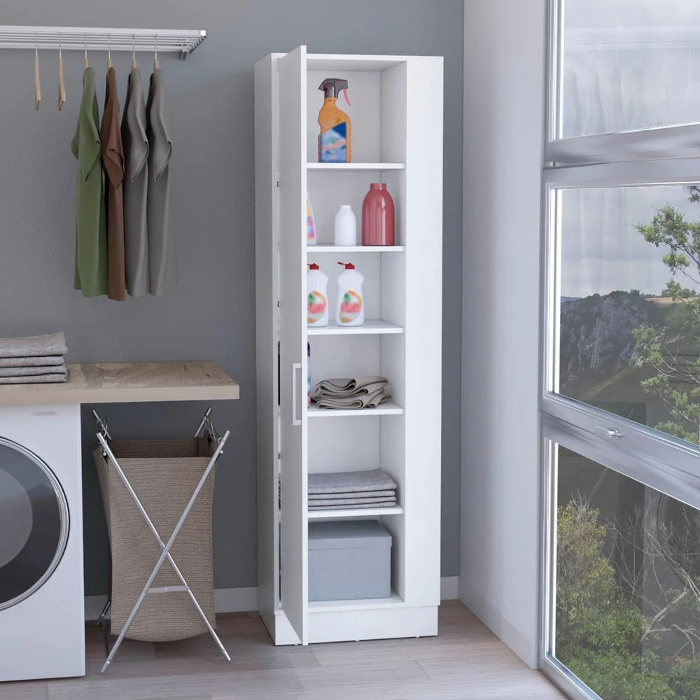 Utility Storage Cabinet with 6-Tier Shelf and Broom Hangers, White X185439
