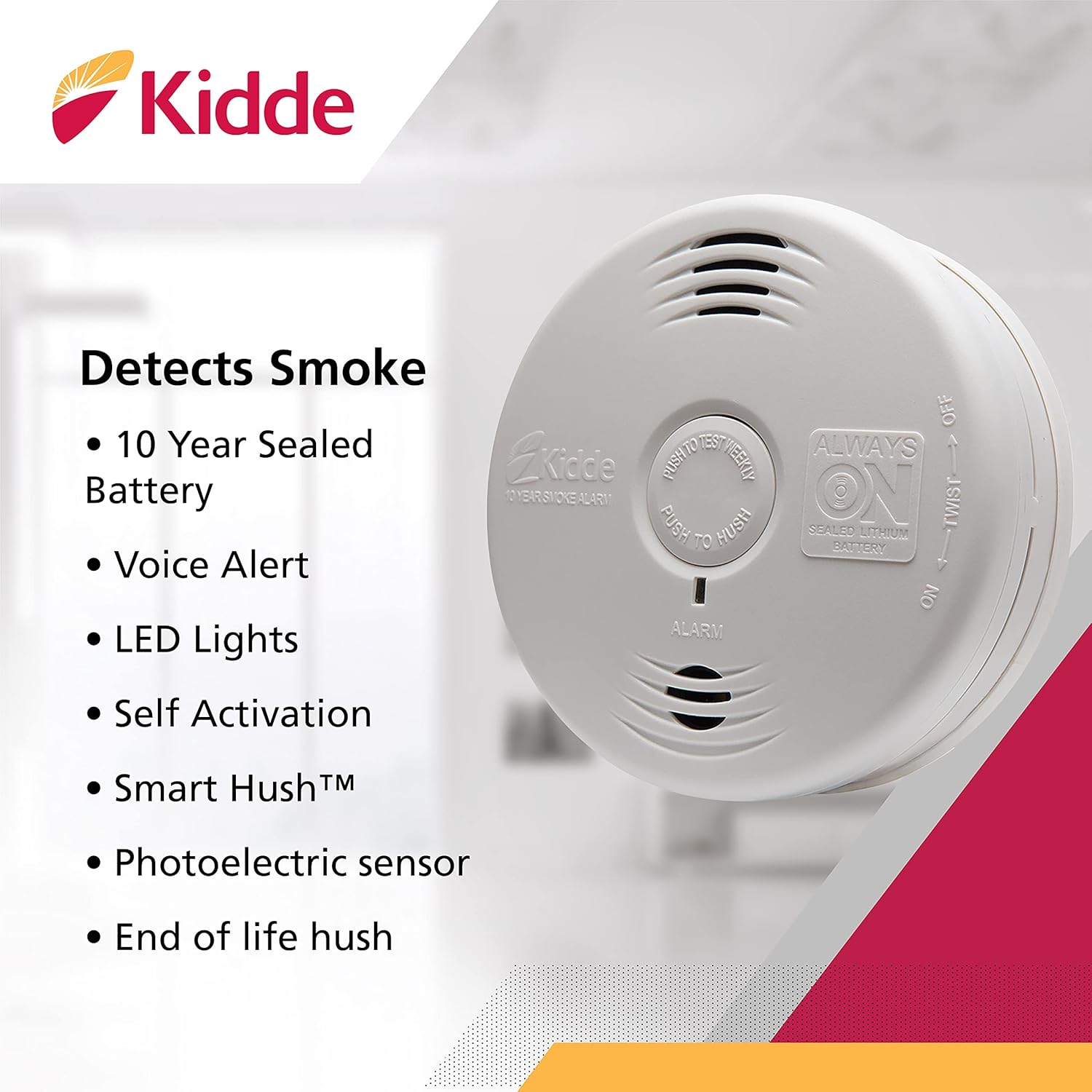 Smoke Detector, 10-Year Battery, Photoelectric Sensor D54345