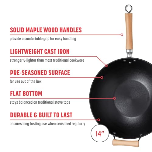 14-Inch Cast Iron Wok with Maple Handle Y2761