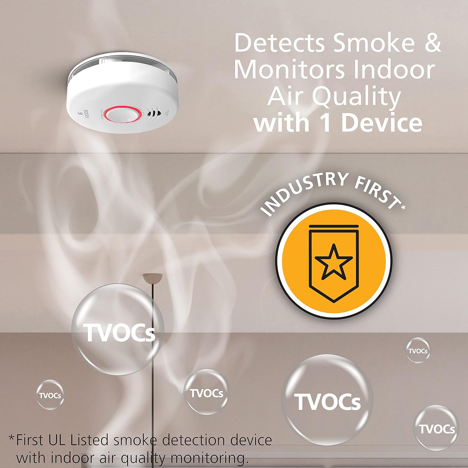 Smart Smoke Detector & Indoor Air Quality Monitor, WiFi, Hardwired with Battery Backup Z68482