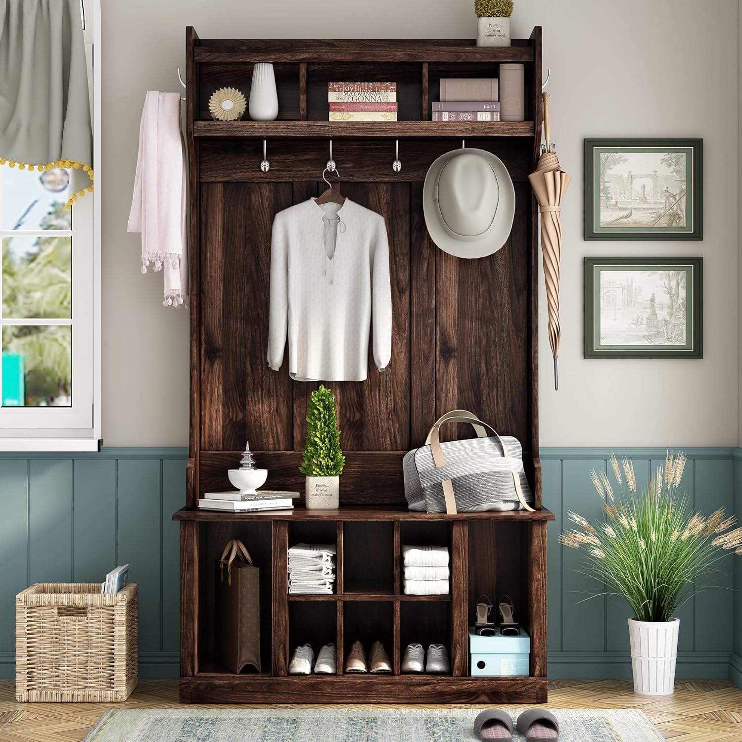 Hall Tree with 6 Hooks, Entryway Bench, Storage Bench D5166