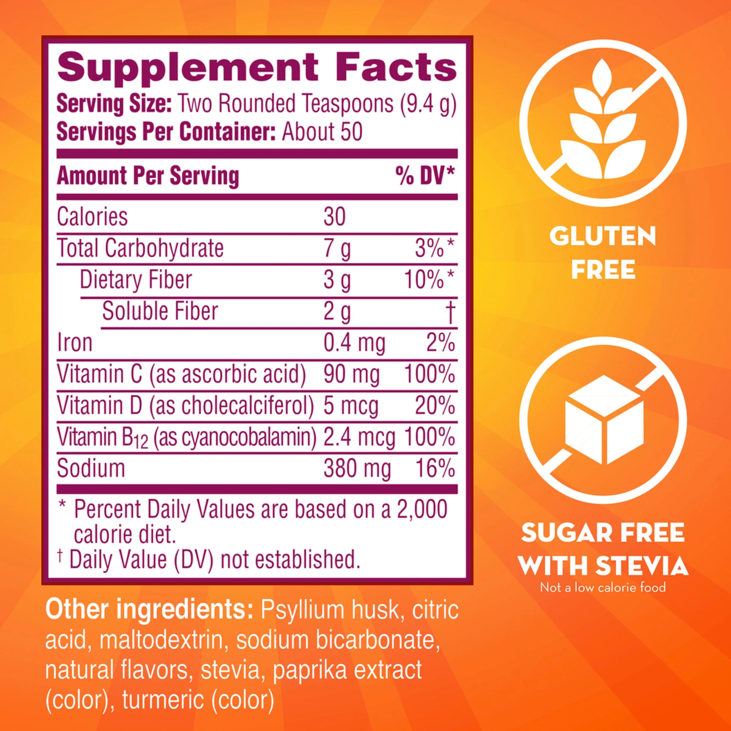 Daily Fiber Supplement with Vitamins C, D & B12, Sparkling Citrus Drink, 50 Servings V3763